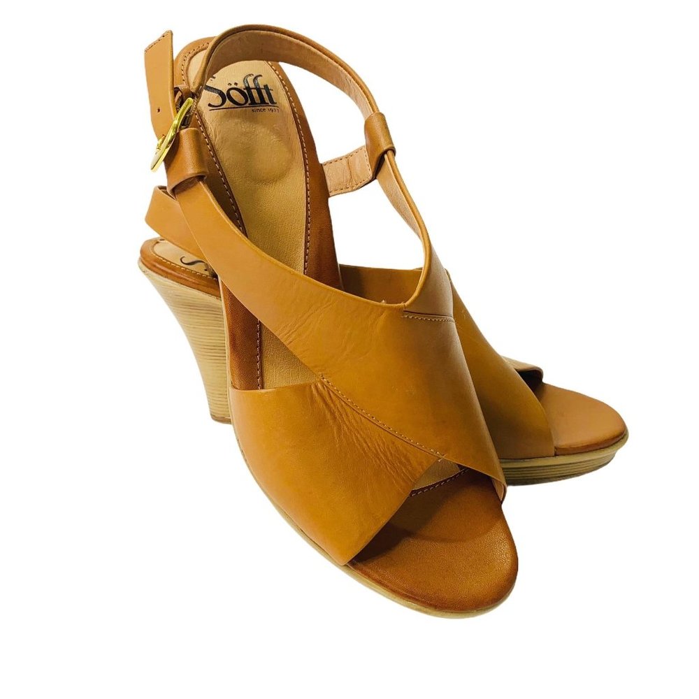 *SOLD* Sofft Womens Size 9.5 Open Toe Slingback Heels Shoes Sandals Tan Leather - Picture 4 of 12